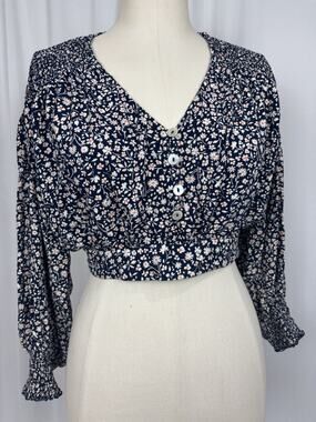 ANGIE Women's Size L Smocked Cropped Top Blue Floral Button Blouse Cottagecore